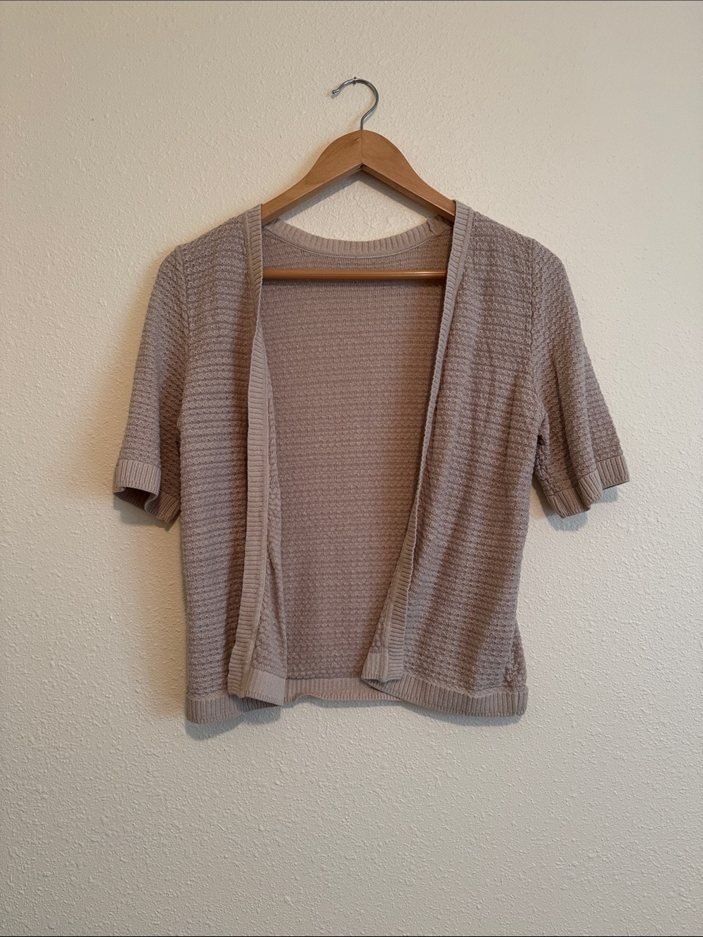 Light Taupe Short-Sleeve Open Cardigan Sweater
